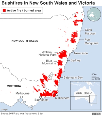 Area burnt by bushfires in NSW and Victoria - BBC News