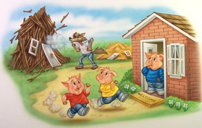 The two little pigs were terrified and ran to the third pig’s house that was made of bricks