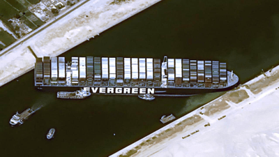 "Ever Given" container vessel stuck in the Suez Canal, March 2021