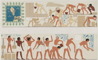 Portion of the 15th century BC tomb of Rekhmire, showing Semitic slaves making bricks using mud, water and chaff